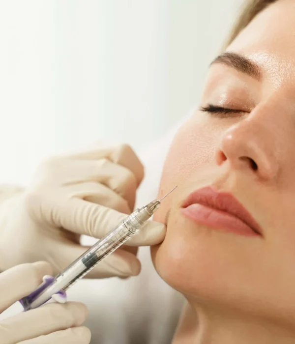 A woman receives a cosmetic injection in her cheek at Medical Spa in Glendale AZ Vida Bella Med Spa. The close up shows a professional wearing gloves administering the treatment while the client relaxes with her eyes closed.