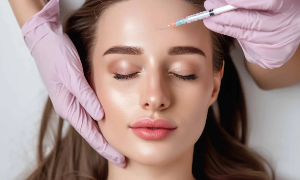 A woman with smooth skin receives a Botox injection in her forehead at Medical Spa in Glendale AZ Vida Bella Med Spa. She has her eyes closed while a professional in pink gloves carefully performs the treatment.