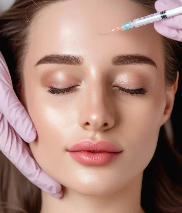 A woman with smooth skin receives a Botox injection in her forehead at Medical Spa in Glendale AZ Vida Bella Med Spa. She has her eyes closed while a professional in pink gloves carefully performs the treatment.
